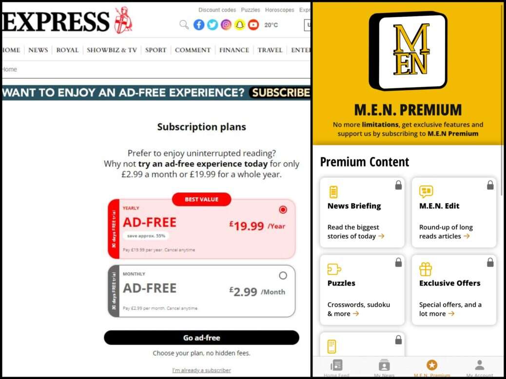 Express premium sign-up page and MEN premium app in app store: Two of Reach's reader revenue experiments
