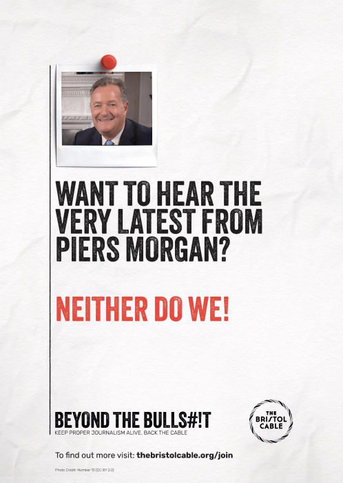 A poster featuring Piers Morgan reads: Want to hear the very latest from Piers Morgan? Neither do we!