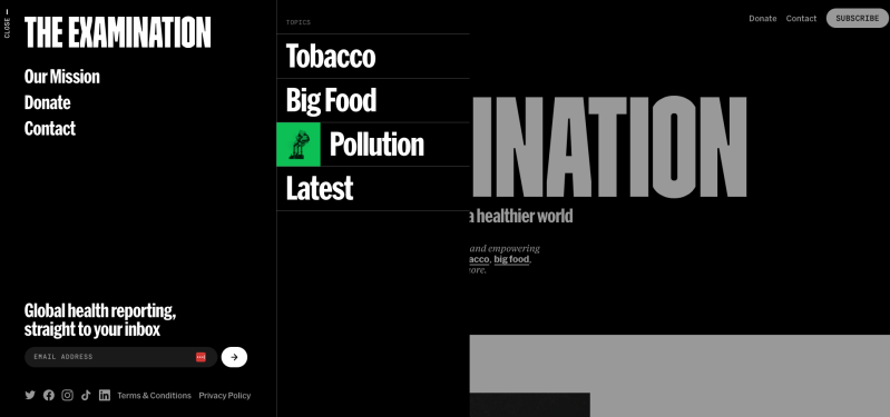 A screenshot from The Examination's website showing its sidebar menu, linking to its three major coverage areas so far: Tobacco, "Big Food" and Pollution