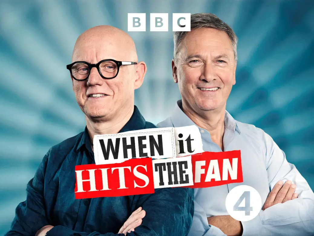 Former Sun editor David Yelland (left) and former Number 10 director of communications Simon Lewis (right) appear on promotional art for their BBC Sounds podcast, When It Hits The Fan.