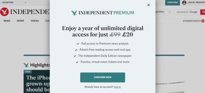 Independent Premium subscription pop-up