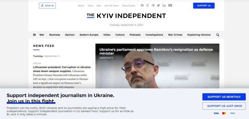 Kyiv Independent homepage on 5 September 2023