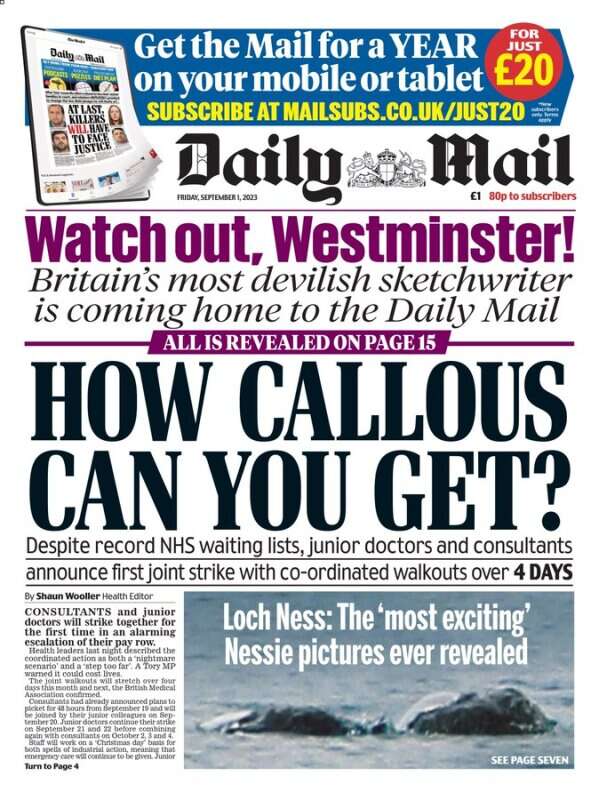 Daily Mail front page on 1 September trumpeting the return of Quentin Letts