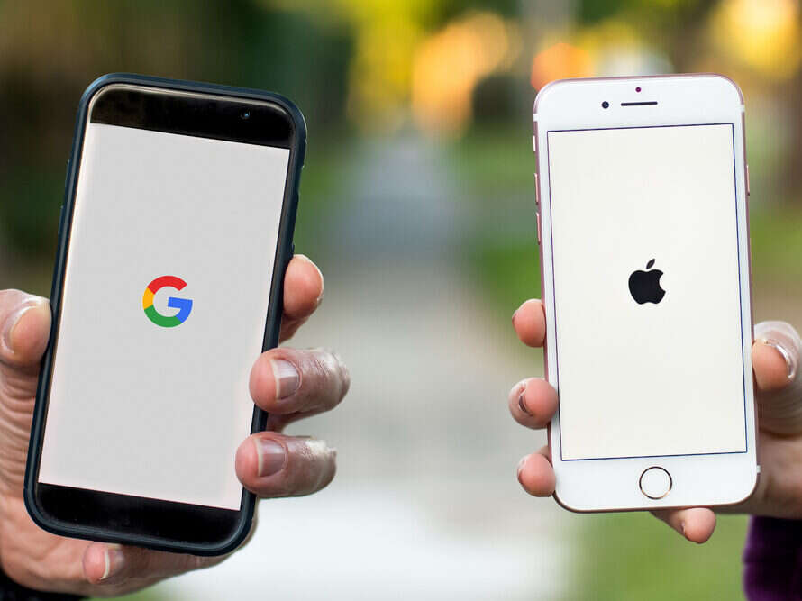Google and Apple logos on phones