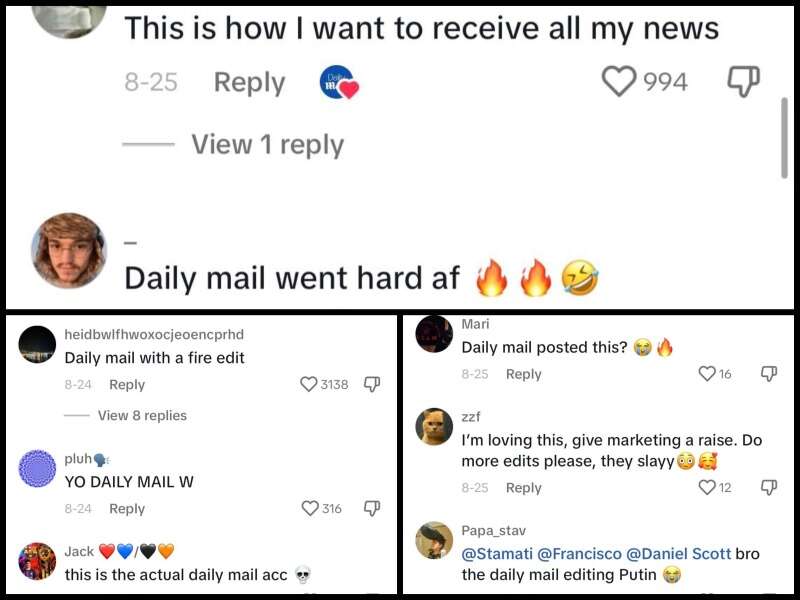 Appreciative comments from Gen Z users under the Daily Mail's Tiktok videos