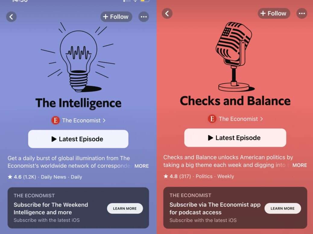 The Economist's The Intelligence and Checks and Balances podcasts in Apple Podcasts on 31 October with subscription messages