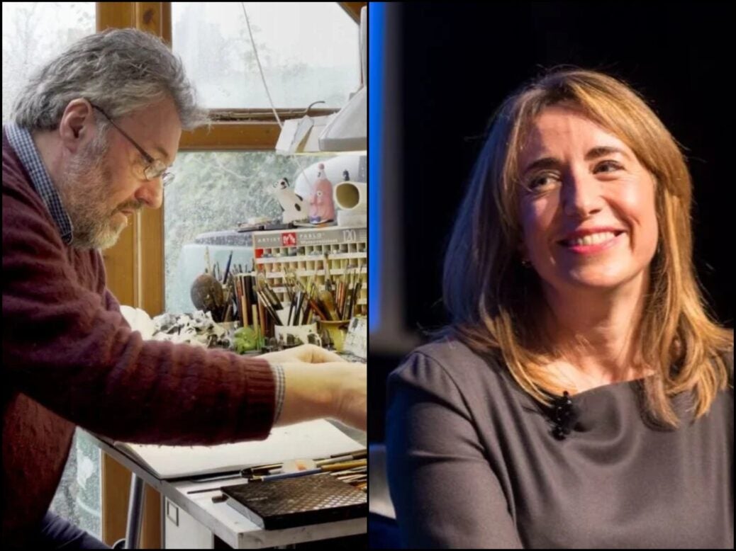 Guardian editor-in-chief Katharine Viner and cartoonist Steve Bell are depicted side-by-side in a two-panel picture montage, illustrating a story about Viner ending Bell's contract as a cartoonist for The Guardian after nearly 42 years.