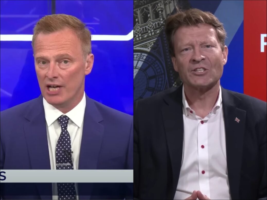 Martin Daubney (left) and Richard Tice (right) are seen in two side-by-side images in which each presents a GB News programme.