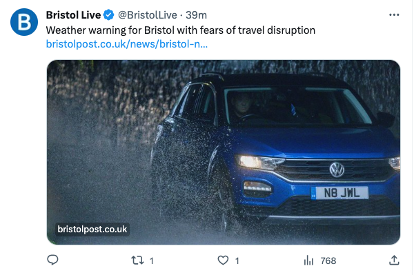 Screenshot of a tweet by Bristol Live where the publisher has pasted a link to a story twice. A car is seen driving through rain in the image, and the tweet text above it reads: "Weather warning for Bristol with fears of travel disruption"