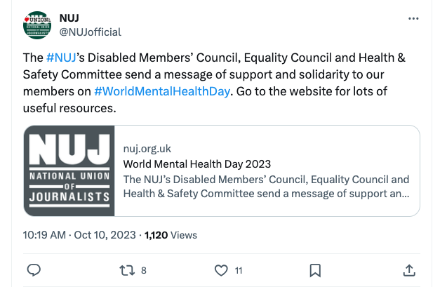 A tweet from the National Union of Journalists linking to their website, formatted as article tweets used to be. The tweet was sent on Tuesday 10 October 2023, five days after Musk's headlines change took place.