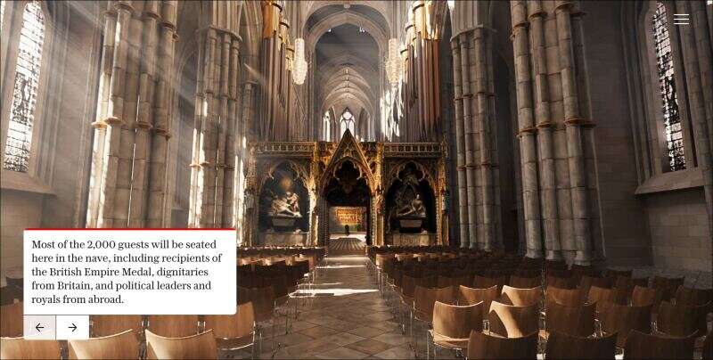 A computer-generated image of the interior of Westminster Abbey created by Telegraph.co.uk as part of their coverage of the King's coronation. It is overlaid with a note in the corner explaining features of the church and things of note about the ceremony.