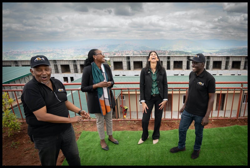 Home Secretary Suella Braverman throwing her back with laughter at a construction site in Rwanda where houses were being built to accommodate migrants sent from the UK. One of Stefan Rousseau’s British Journalism Awards 2023 entries. Picture: Stefan Rousseau/PA Media