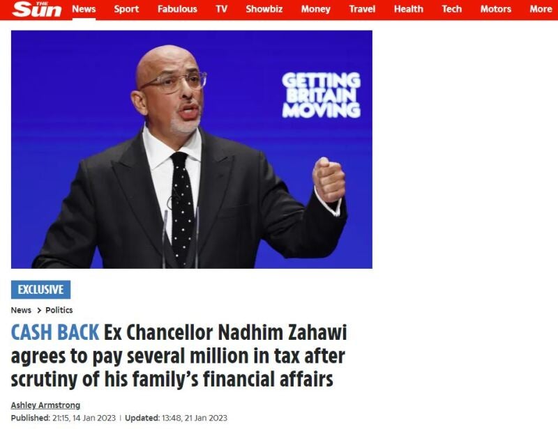 Sun on Sunday Nadhim Zahawi Scoop of the Year entry at British Journalism Awards 2023