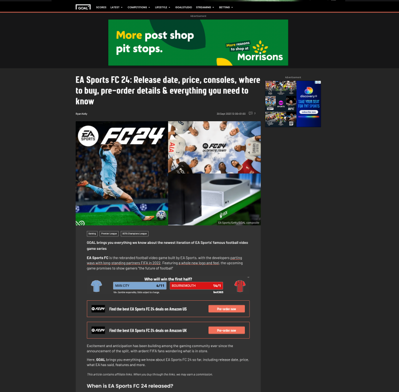 Goal affiliates article: EA Sports FC 24 video game sale information