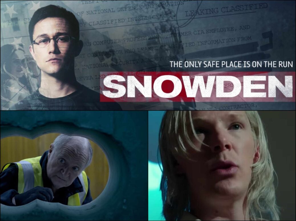 A three-panel image containing stills from trailers for movies based on Guardian journalism, illustrating a story about the new Guardian and Sony first look deal. Clockwise from top: Joseph Gordon-Levitt as Edward Snowden in Snowden (2016), Benedict Cumberbatch as Julian Assange in The Fifth Estate (2013) and Jim Broadbent as Hatton Garden heist ringleader Terry Perkins in King of Thieves (2018).