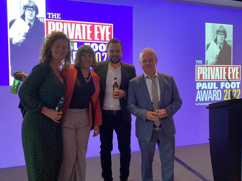 Former FE Week and Schools Week commissioning editor Jess Staufenberg, Schools Week chief reporter Samantha Booth, Schools Week editor John Dickens and Private Eye editor Ian Hislop at the Paul Foot Awards 2022 where Schools Week was longlisted
