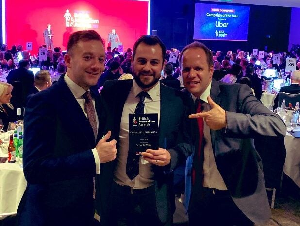 Lsect managing director Shane Mann, Schools Week editor John Dickens, and Lsect owner Nick Linford at the British Journalism Awards 2019 where Dickens won the Specialist Journalism prize for his investigation "Exposed: Agnew’s £35m school waste claims"