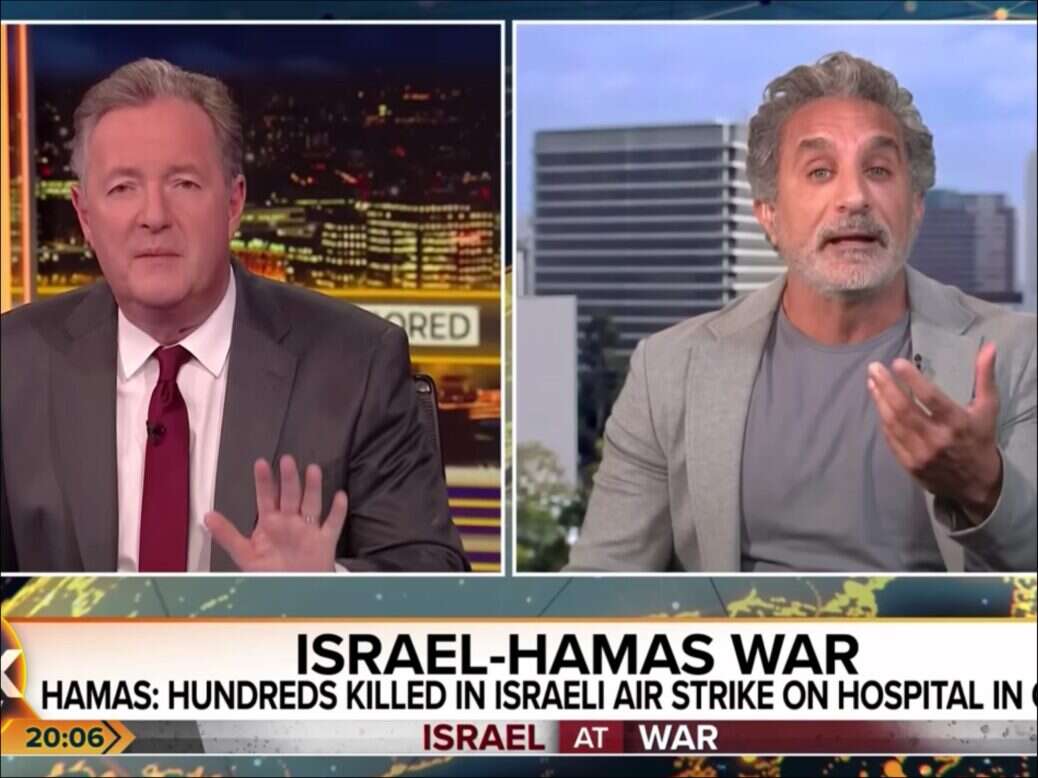 A clip from TalkTV's Piers Morgan Uncensored in which the broadcaster is seen interviewing Egyptian satirist Bassem Youssef. A chyron reads: ISRAEL-HAMAS WAR