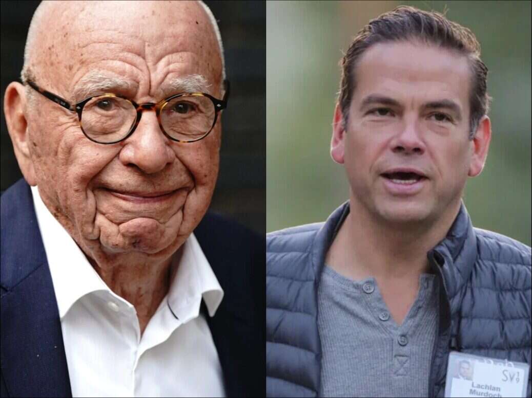Rupert and Lachlan Murdoch are seen in two pictures side by side, illustrating news that Murdoch has given his final comments as co-chair of News Corp as he hands over the reins to his son.