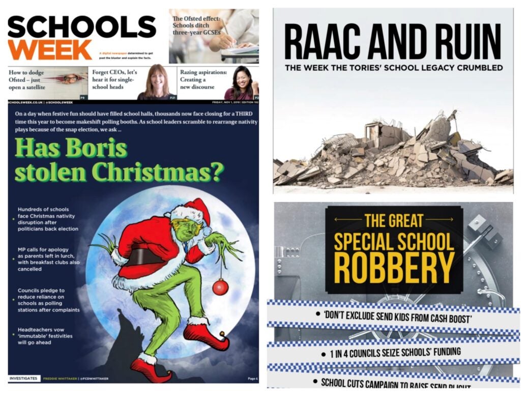 Three Schools Week covers/investigations highlighted by editor John Dickens
