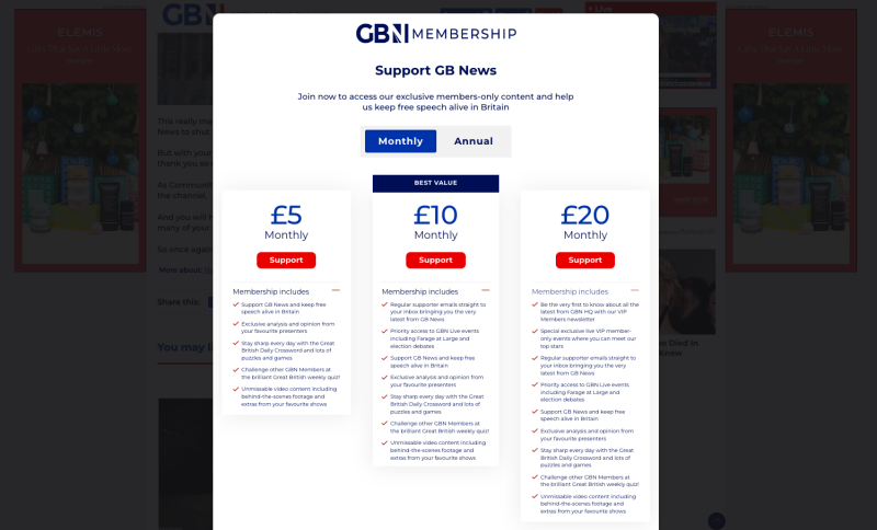 The new GB News paywall, showing the membership tiers available.
