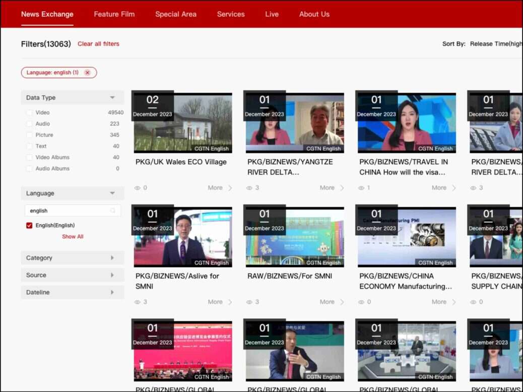A screenshot of the content feed on AMSP, CGTN's content exchange through which it distributes its content to international news publishers for free. Videos include packages about a Welsh eco-village, travel in China and the Chinese economy.