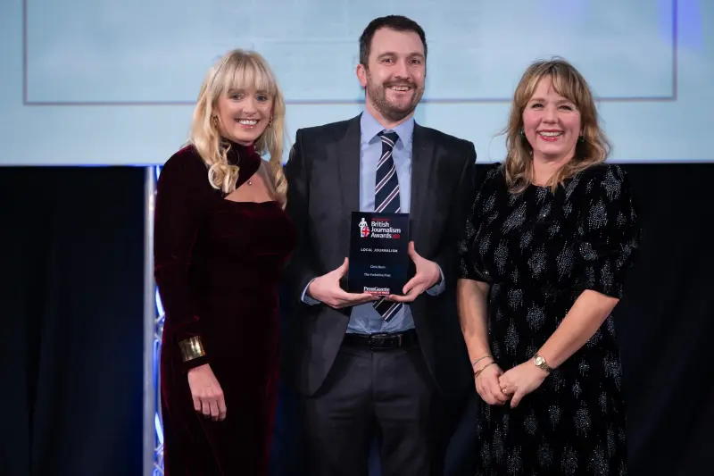 Chris Burn of The Yorkshire Post collects the Local Journalism prize at the British Journalism Awards 2023. Picture: ASV Photography for Press Gazette