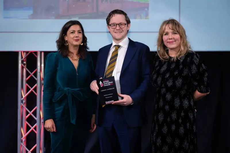 Matthew Holehouse of The Economist collects the Comment Journalism prize at the British Journalism Awards 2023. Picture: ASV Photography for Press Gazette