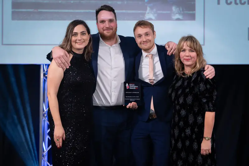 Peter Blackburn and Ben Ireland pick up the Specialist Journalism award at the British Journalism Awards 2023. Picture: ASV Photography for Press Gazette