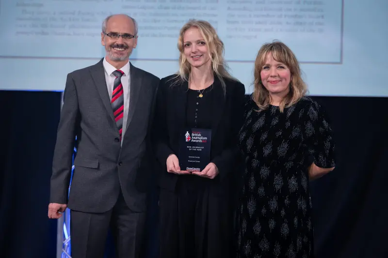 Antonia Cundy of the FT collects the New Journalist of the Year award at the British Journalism Awards 2023. Picture: ASV Photography for Press Gazette
