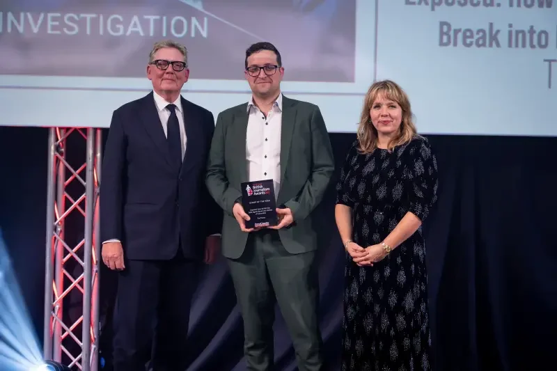 Paul Morgan-Bentley of The Times picks up the Scoop of the Year prize at the British Journalism Awards 2023. Picture: ASV Photography for Press Gazette