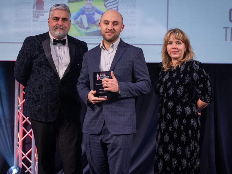 Sunday Times Whitehall editor Gabriel Pogrund picks up the Journalist of the Year award at the British Journalism Awards 2023. Picture: ASV Photography for Press Gazette