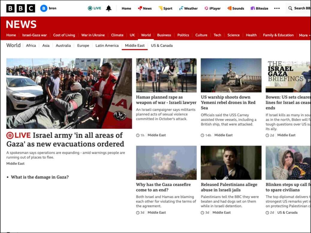 A screenshot of the "Middle East" section of the BBC News website, illustrating a story about a poll revealing as many people think the BBC is pro-Israel as think it is pro-Palestine. Stories on the page include a live blog covering the invasion of Gaza and stories about Palestinians alleging abuse in Israeli jails, Hamas reportedly having planned to use rape as a weapon of war and US Secretary of State Anthony Blinken calling on Israel to protect Palestinian civilians.