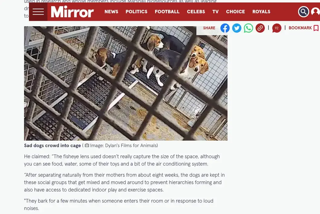 A screenshot of the Mirror.co.uk article about animal testing which has now been corrected following a ruling by IPSO. Picture: Press Gazette