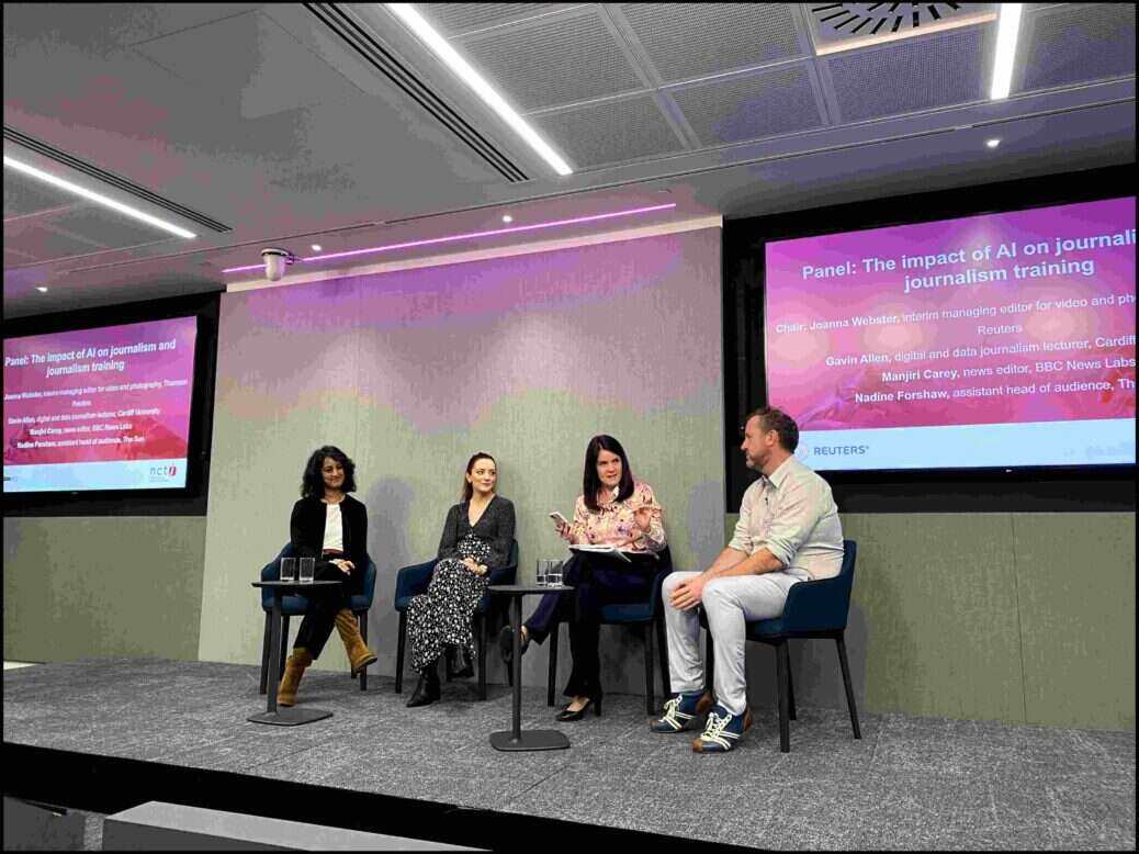A panel discussion on the impact of generative AI on journalism and journalism training at an NCTJ event in Reuters' London offices. Left to right: BBC News Labs editor Manjiri Carey, The Sun assistant head of audience Nadine Forshaw, Thomson Reuters interim managing editor for video and photography Joanna Webster and Gavin Allen, digital and data journalism lecturer at Cardiff University's school of journalism. Picture: Press Gazette