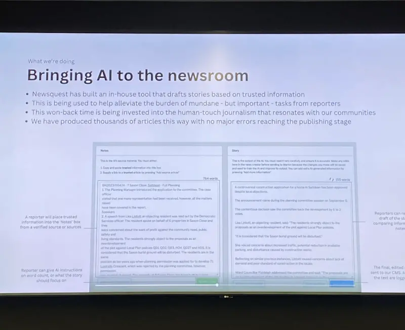A picture of Newsquest's dashboard for its AI-assisted reporters.