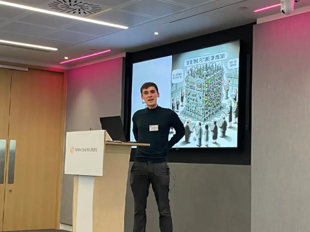 Jody Doherty-Cove, Newsquest's head of editorial AI, gives a presentation at the NCTJ's journalism and artificial intelligence event on how the company is using AI-assisted reporters. Picture: Press Gazette