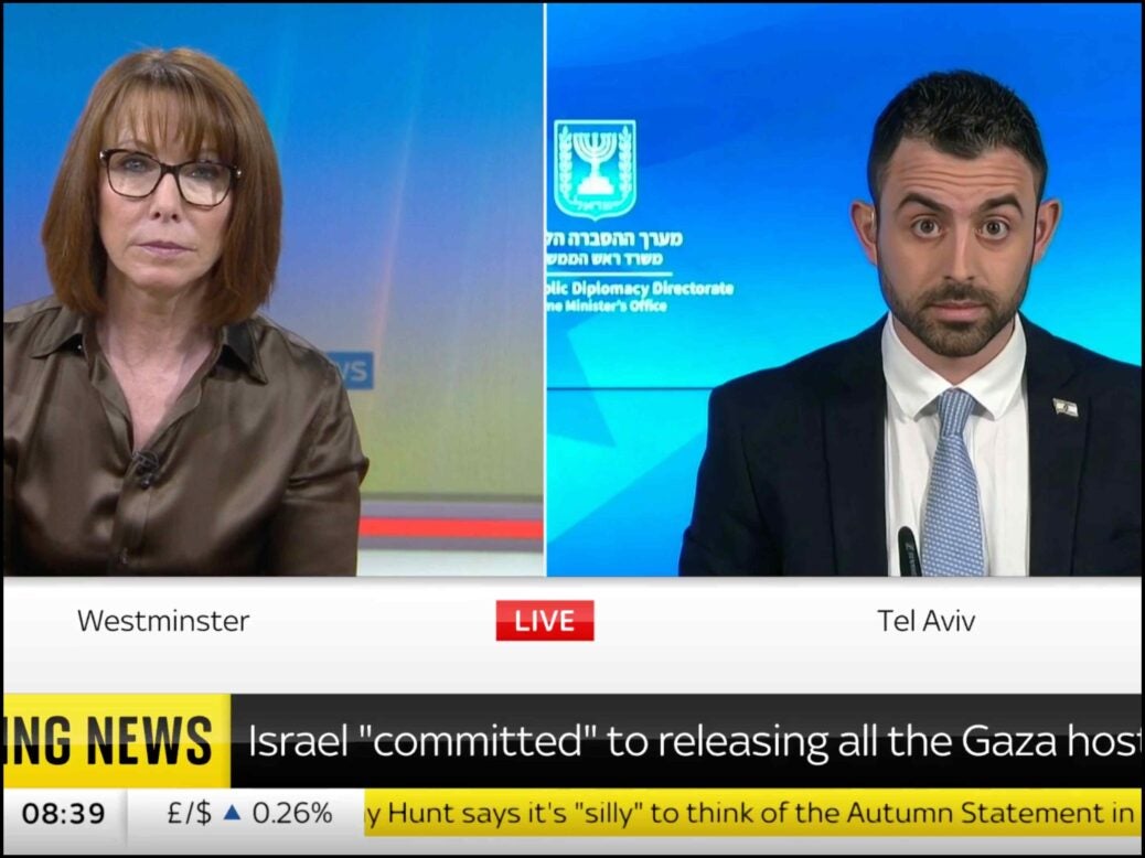 A screenshot of Breakfast with Kay Burley on Sky News, 23 November 2023, showing Burley's encounter with Israeli spokesperson Eylon Levy which appeared in list of most Ofcom complaints in 2023.