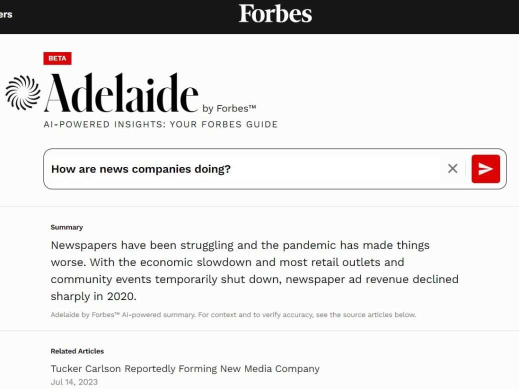 Forbes generative AI-powered search tool Adelaide in use with a Press Gazette-style question