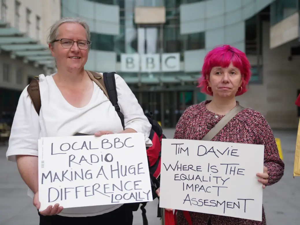 People demonstrate against the BBC's plans to cut local radio programming outside BBC Broadcasting House in London on 3 July 2023. Picture: Lucy North/PA Wire
