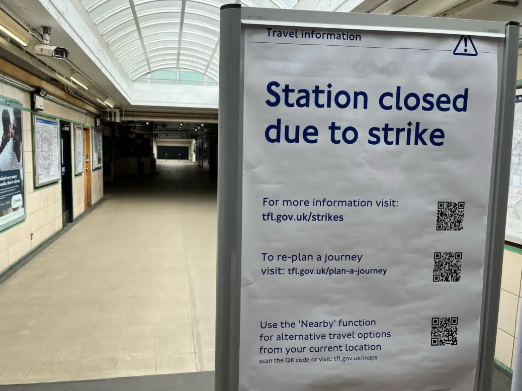 Tube strike sign at Harrow-on-the-Hill station