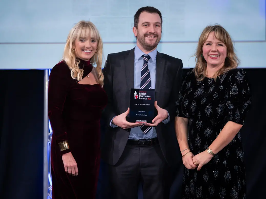 Chris Burn collects his Local Journalism prize at the British Journalism Awards 2023, won for reporting on Sheffield tree scandal at Yorkshire Post