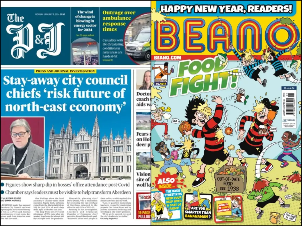 Beano and Press & Journal front pages in January 2024. Pictures: DC Thomson