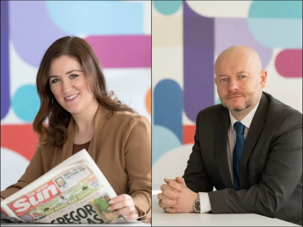 Fiona Wynne (left) and Declan Ferry (right) the new editor and deputy editor of The Irish Sun respectively. Wynne is depicted holding open a copy of The Irish Sun.