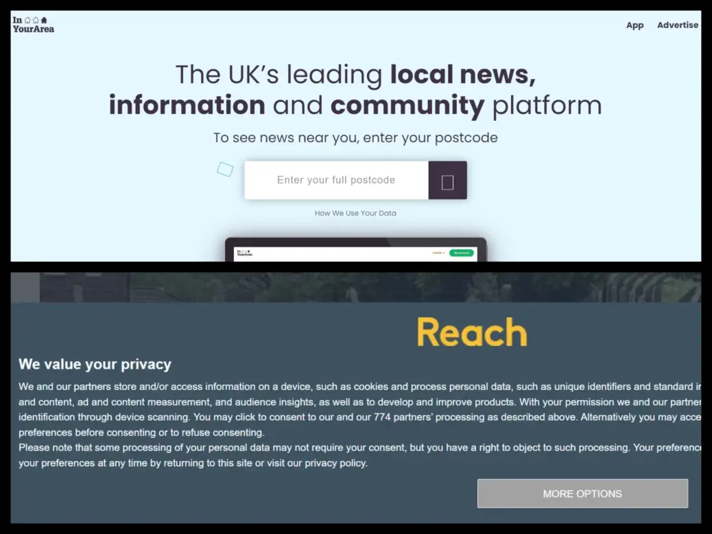 Reach data: In Your Area asking for postcode, with link to explanation of how they use the data, and data privacy pop-up on Manchester Evening News website