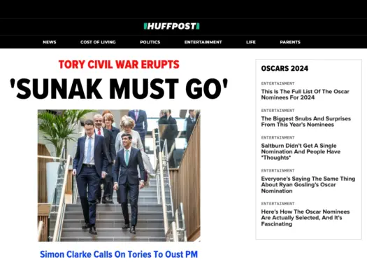 Huffpost UK front page, Wednesday 24 January, illustrating a story about the brand's late payments to freelance journalists.