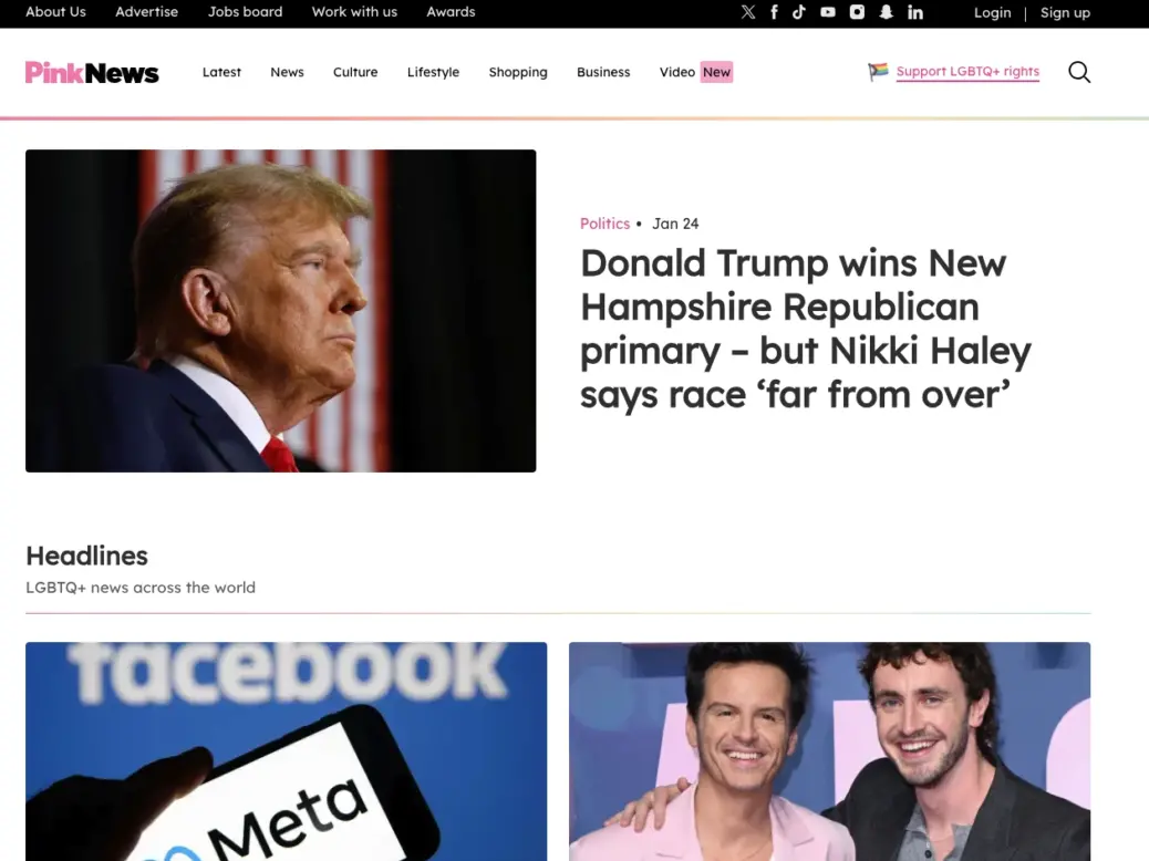 The Pink News home page on Wednesday 24 January, illustrating a story about Pink News making redundancies. The home page shows stories about Donald Trump's win at the New Hampshire Republican primary and an interview about an upcoming film starring Andrew Scott and Paul Mescal.