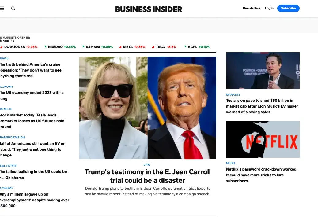 The Business Insider website at lunchtime on Thursday 25 January, shortly after global cuts were announced