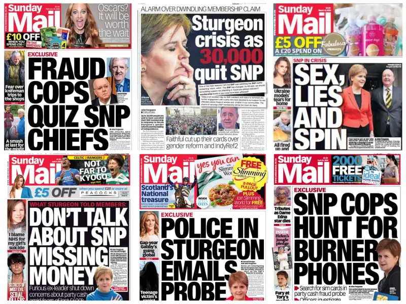 Sunday Mail front pages and stories about SNP crisis in order from February to April 2023