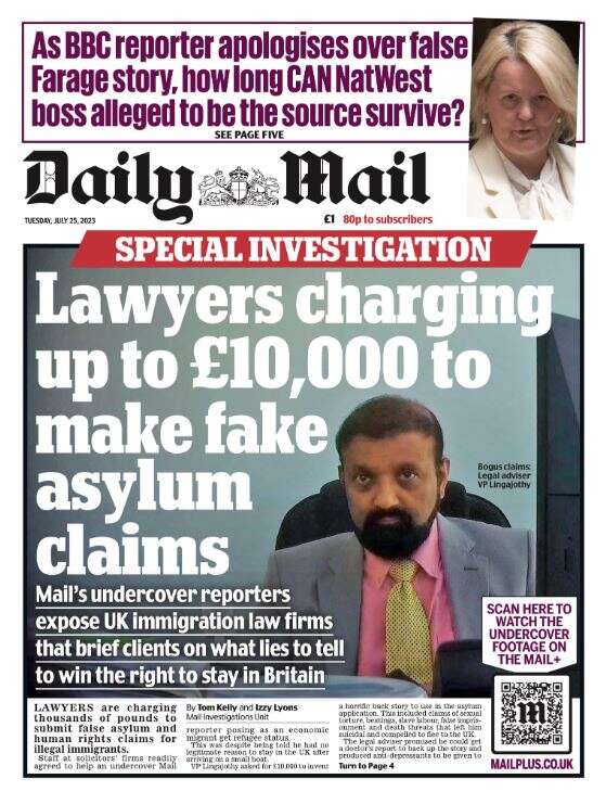 Daily Mail front page "Lawyers charging up to £10,000 to make fake asylum claims"